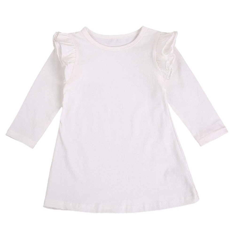 Toddler Girl White Long Sleeve Ruffle Shoulder‎ Dress - Size 5/6
